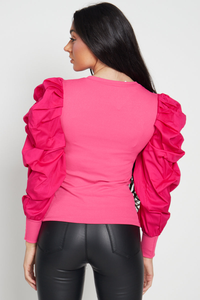 Cerise Pink Oversize Puff Sleeve Ribbed Top - Courtney - Storm Desire