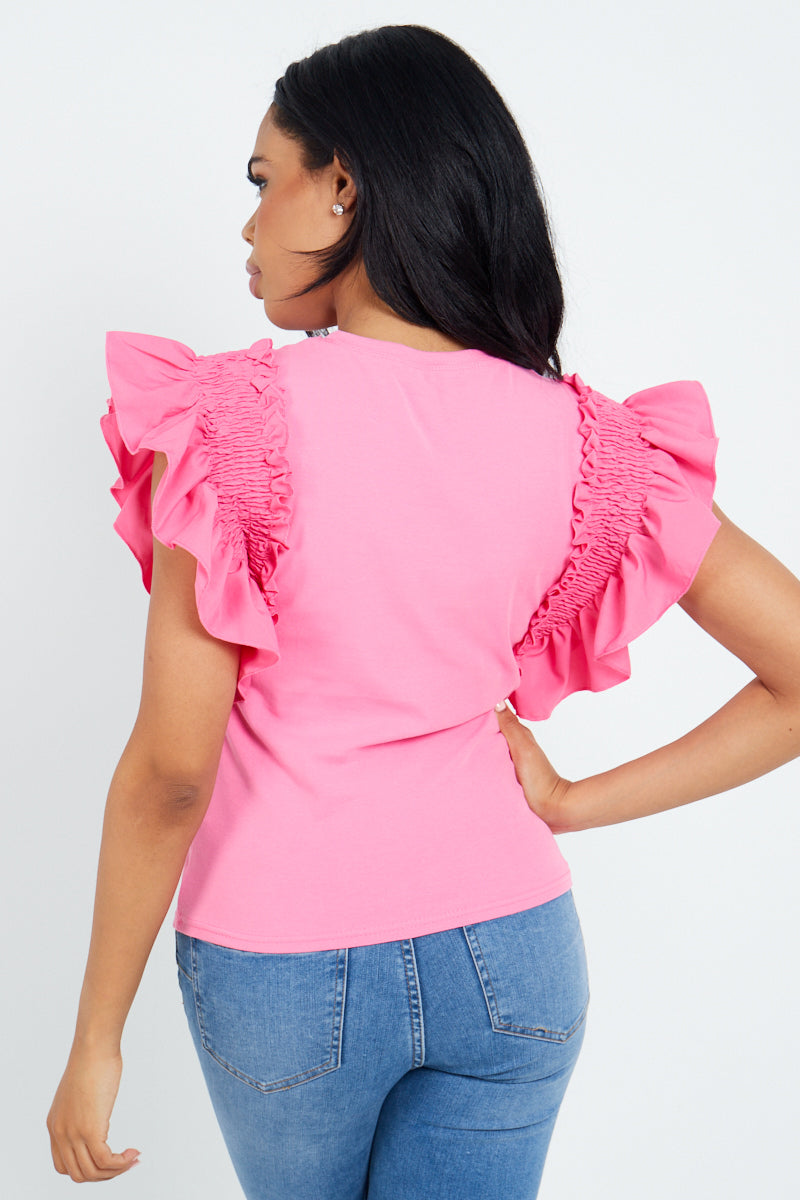 Bright Pink Ruched Frill Sleeve Top - Mona - Storm Desire