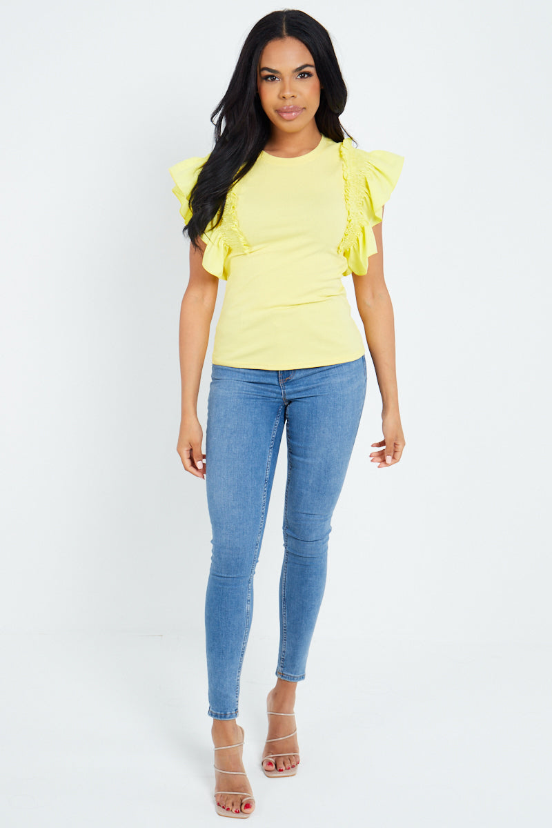 Yellow Ruched Frill Sleeve Top - Mona - Storm Desire