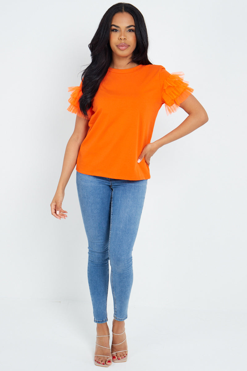 Orange Mesh Sleeve T-Shirt - Ellie - Storm Desire