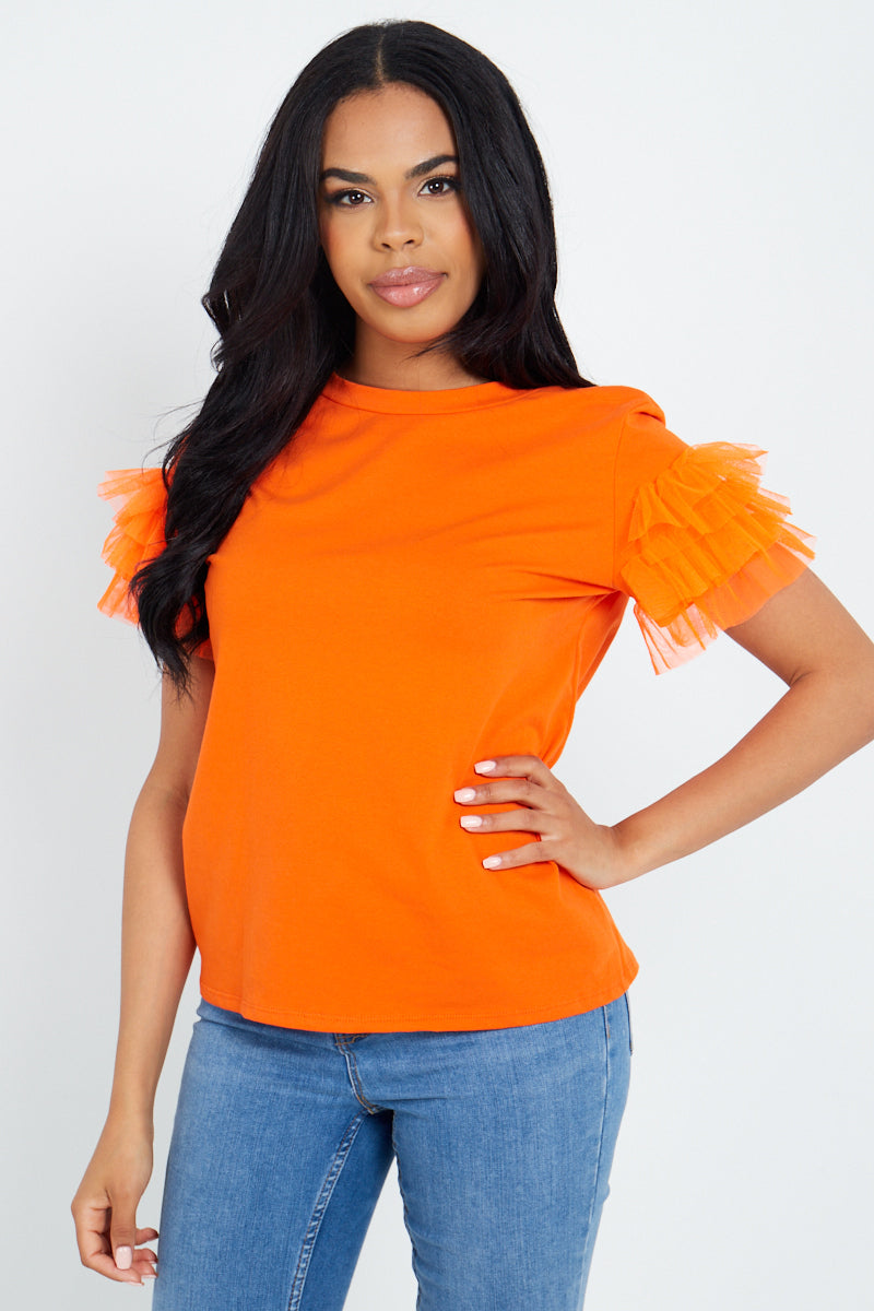 Orange Mesh Sleeve T-Shirt - Ellie - Storm Desire