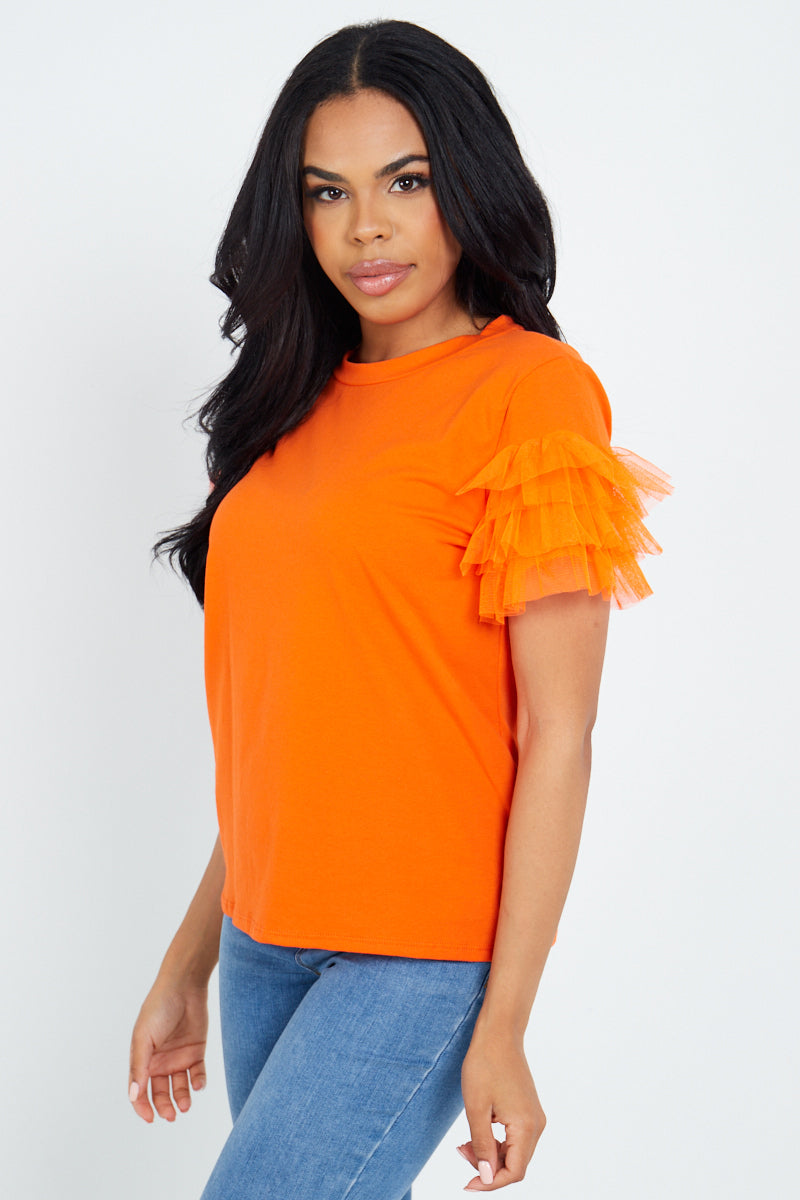Orange Mesh Sleeve T-Shirt - Ellie - Storm Desire