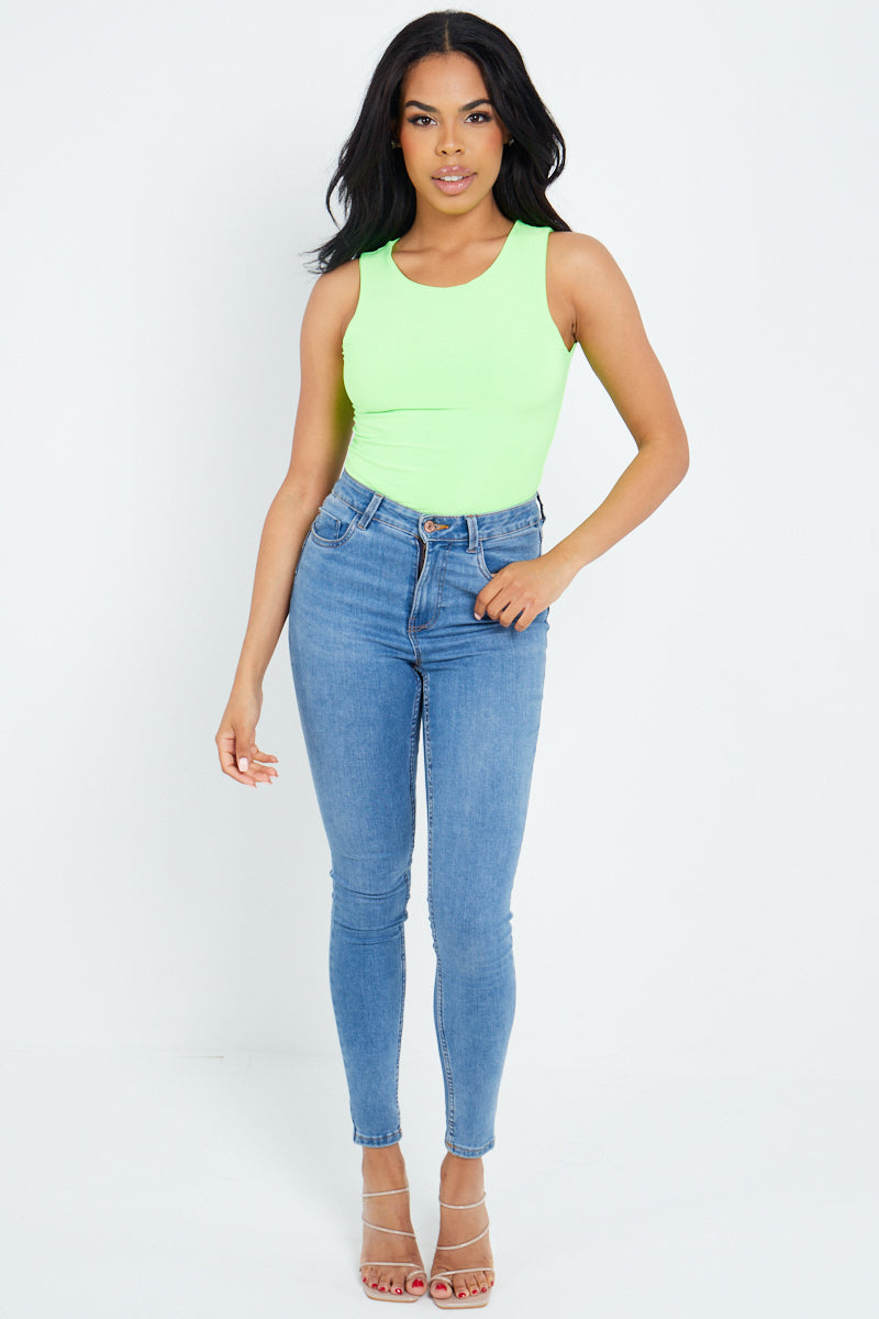 Neon Green Slinky Racer Back Sleeveless Bodysuit - Gabriela - Storm Desire