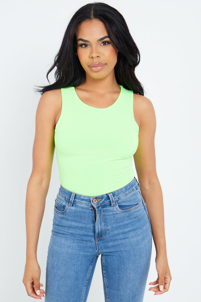 Neon Green Slinky Racer Back Sleeveless Bodysuit - Gabriela - Storm Desire
