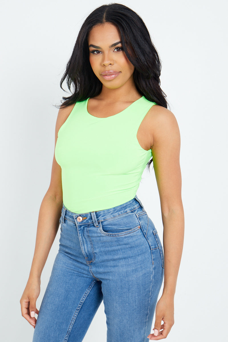 Neon Green Slinky Racer Back Sleeveless Bodysuit - Gabriela - Storm Desire