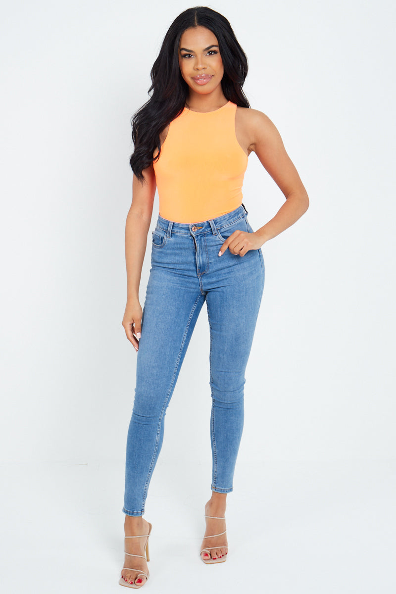 Neon Orange Slinky Racer Back Sleeveless Bodysuit - Gabriela - Storm Desire