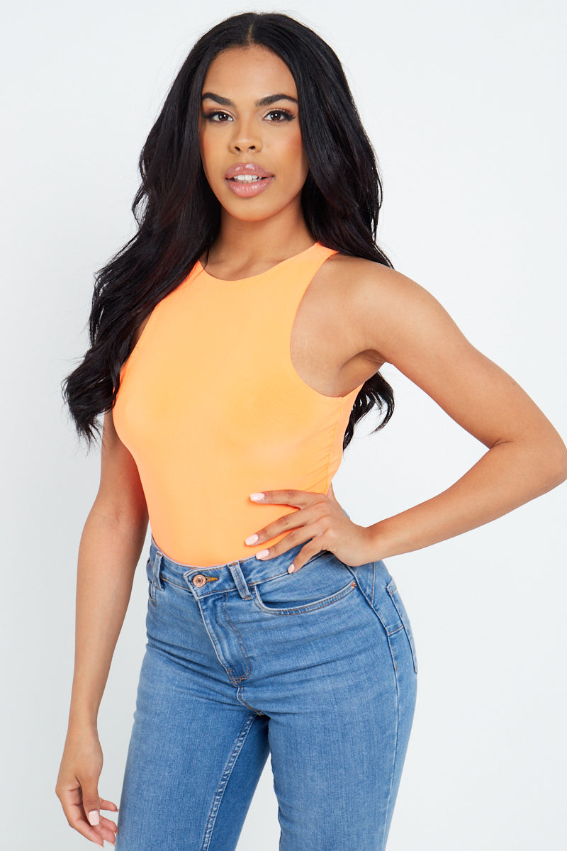 Neon Orange Slinky Racer Back Sleeveless Bodysuit - Gabriela - Storm Desire