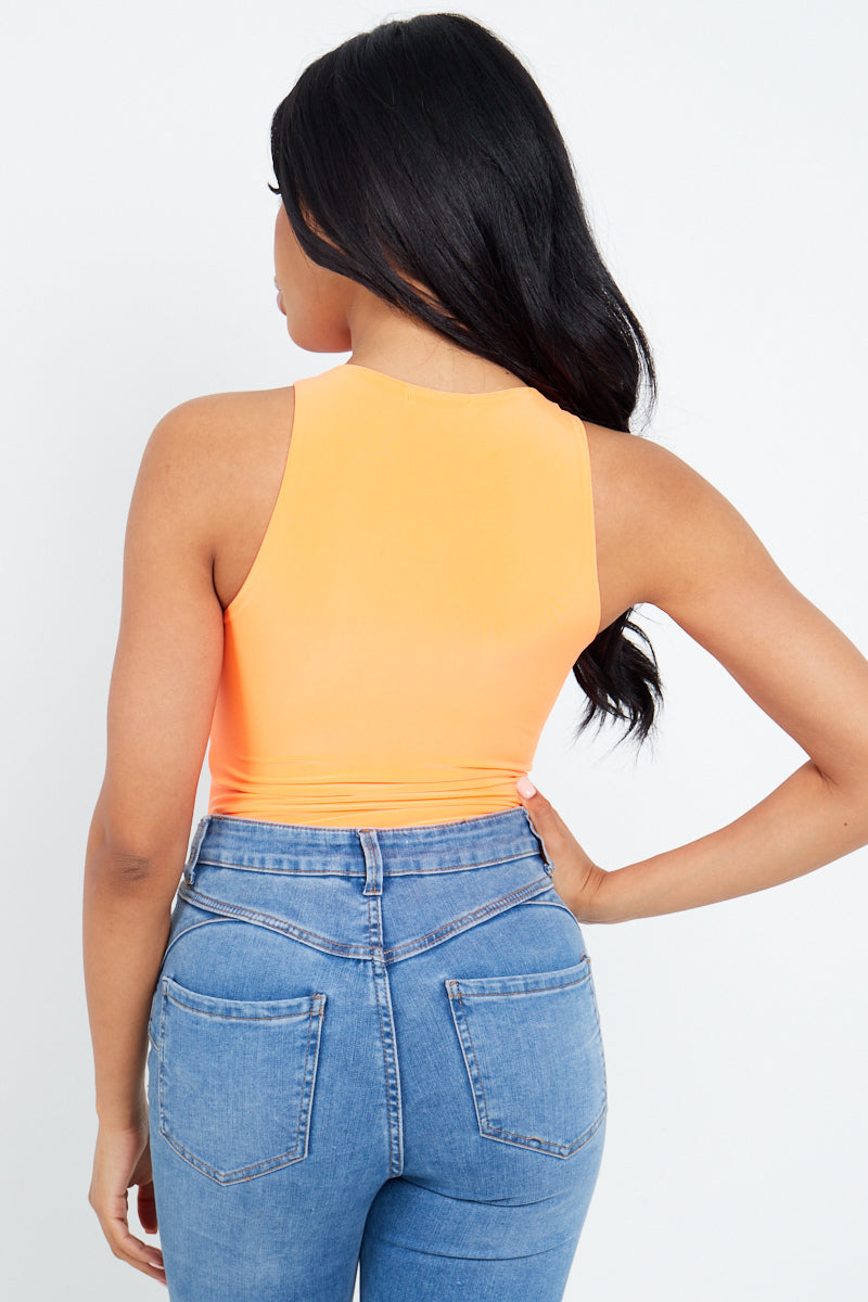 Neon Orange Slinky Racer Back Sleeveless Bodysuit - Gabriela - Storm Desire