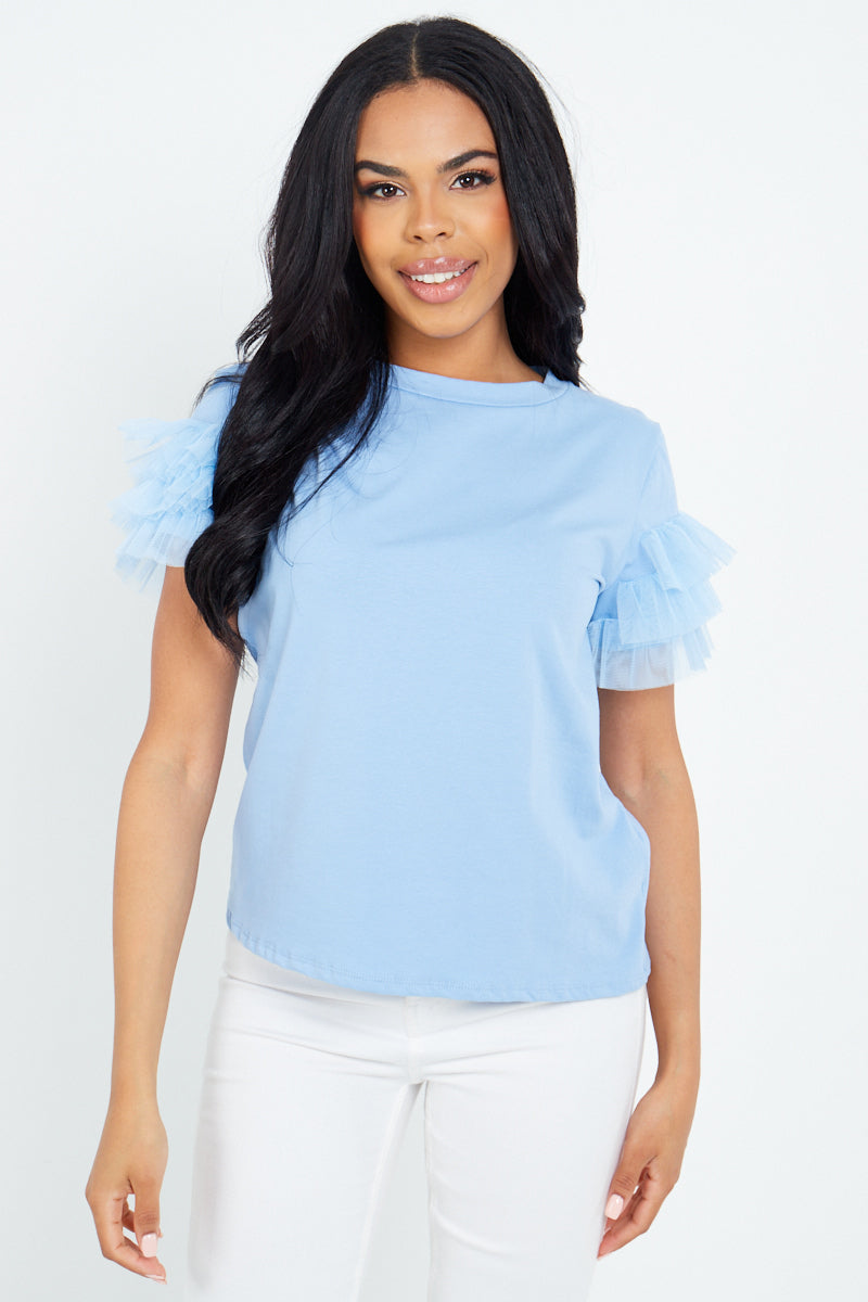 Baby Blue Mesh Sleeve T-Shirt - Ellie - Storm Desire