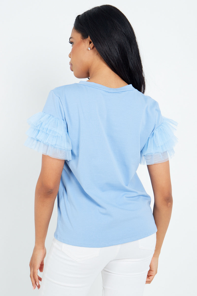 Baby Blue Mesh Sleeve T-Shirt - Ellie - Storm Desire
