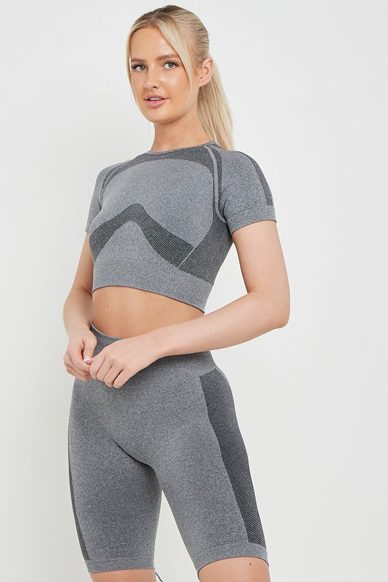Grey Back Cut Out Cap Sleeve Crop Top & Cycling Shorts - Lainey - Storm Desire