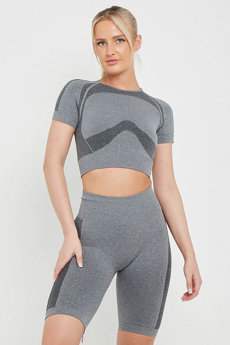 Grey Back Cut Out Cap Sleeve Crop Top & Cycling Shorts - Lainey - Storm Desire