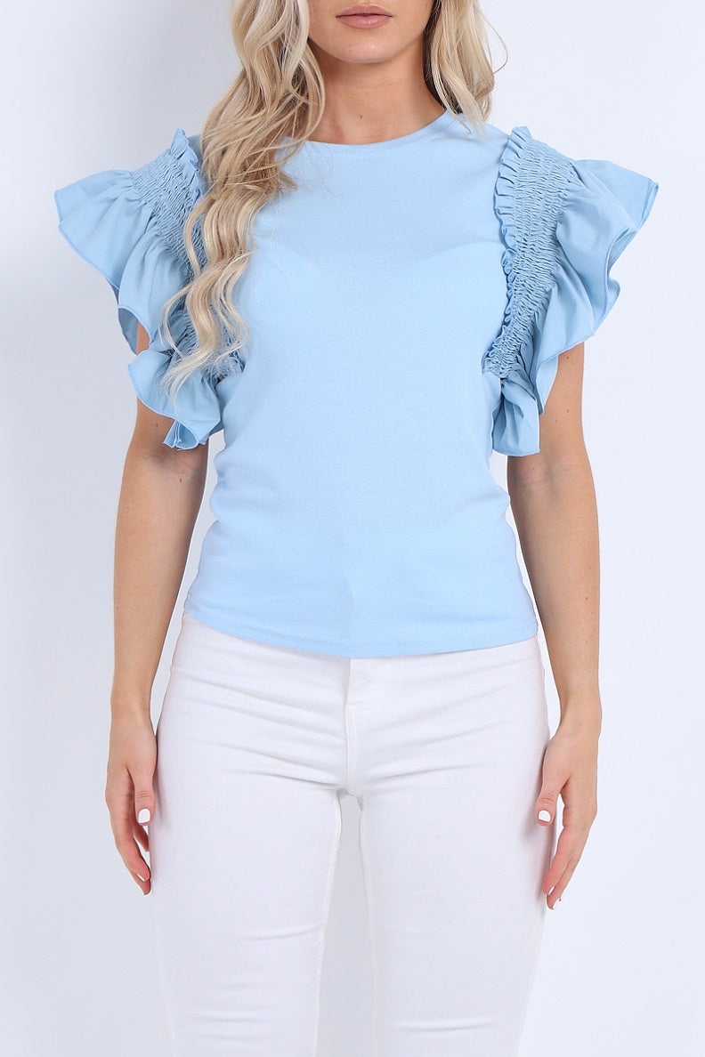 Blue Ruched Frill Sleeve Top - Mona - Storm Desire