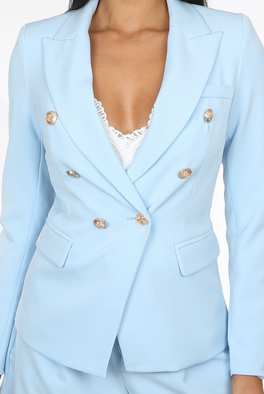 Baby Blue Attentif  Golden Button Double Breast Blazer - Eden - Storm Desire