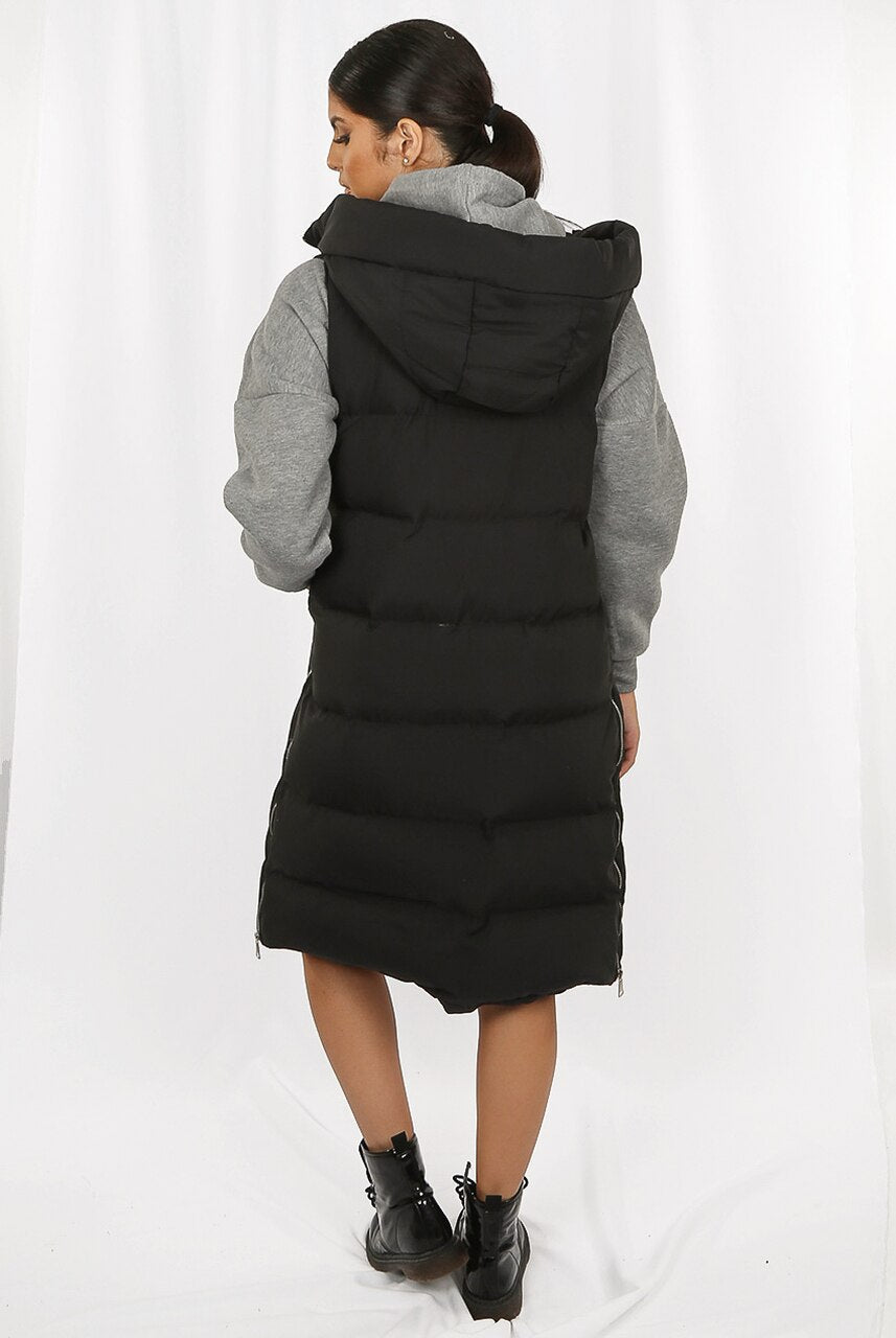 Black Longline Padded Hooded Gilet - Jayla - Storm Desire