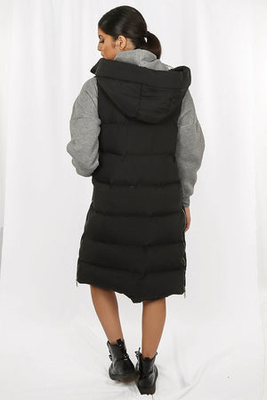 Black Longline Padded Hooded Gilet - Jayla - Storm Desire