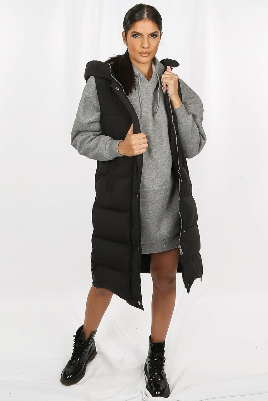 Black Longline Padded Hooded Gilet - Jayla - Storm Desire