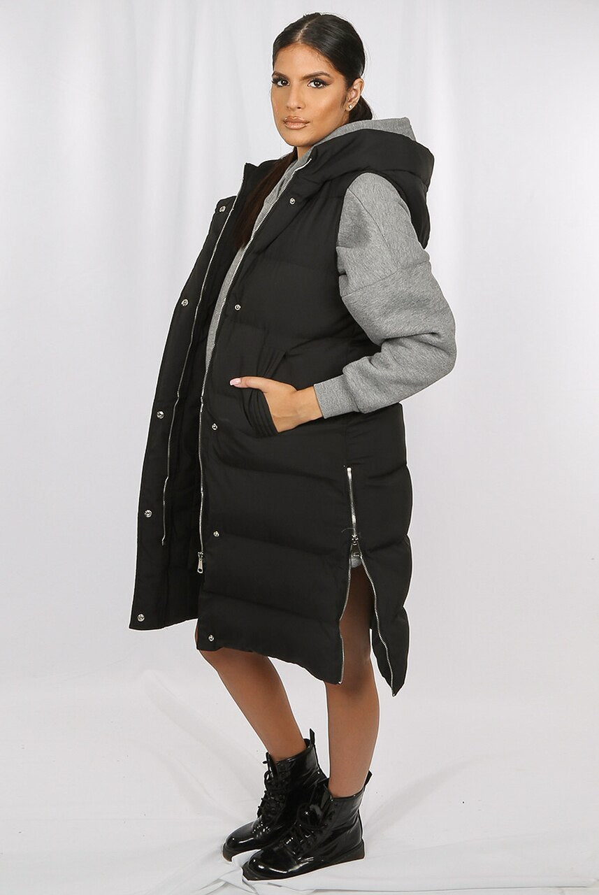 Black Longline Padded Hooded Gilet - Jayla - Storm Desire