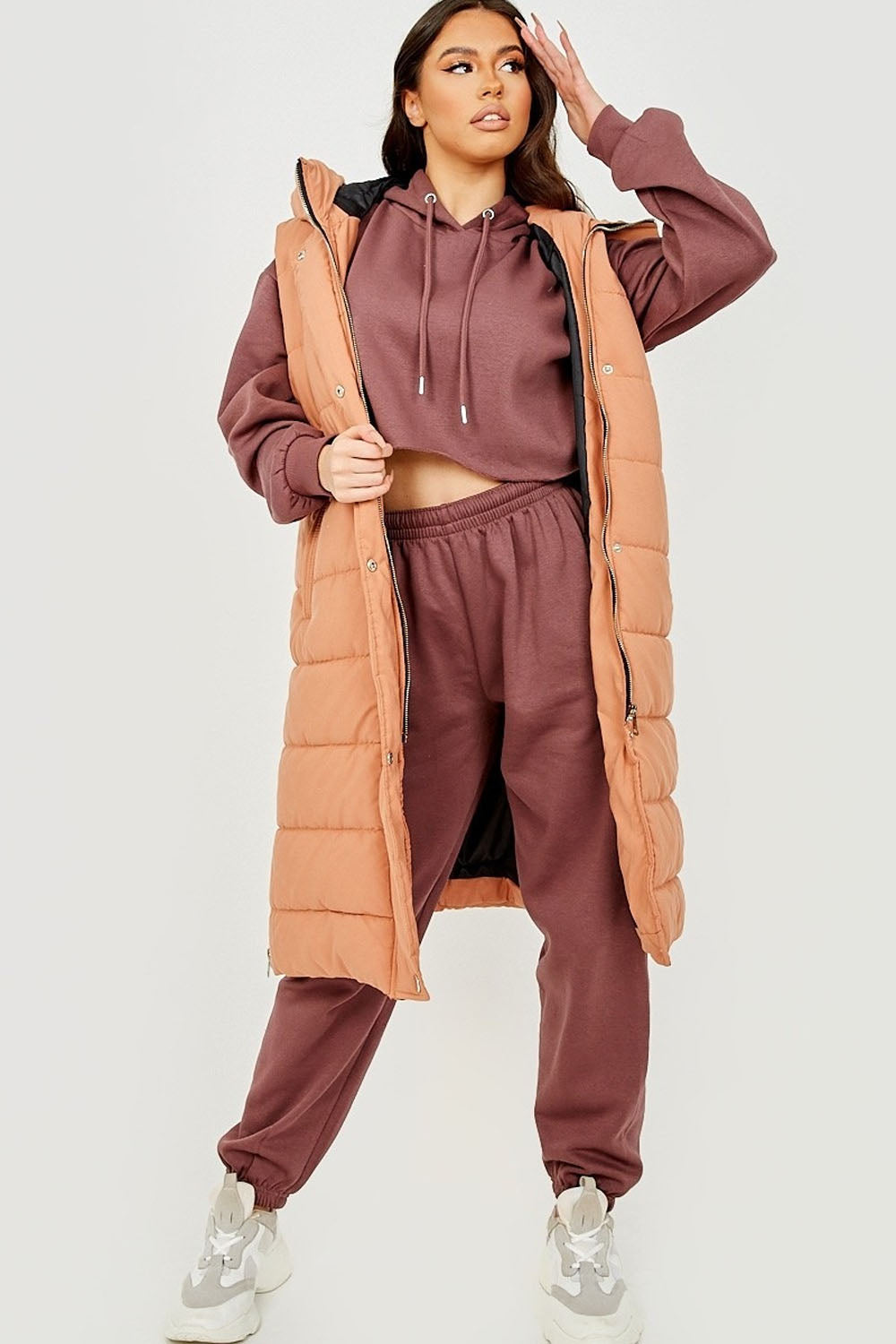 Camel Longline Padded Hooded Gilet - Jayla - Storm Desire