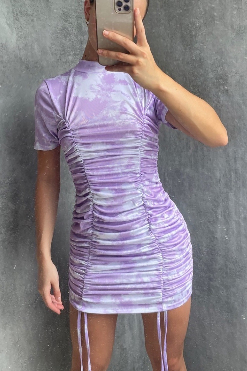 Lilac Tie Dye Ruched Dress - Lasha - Storm Desire