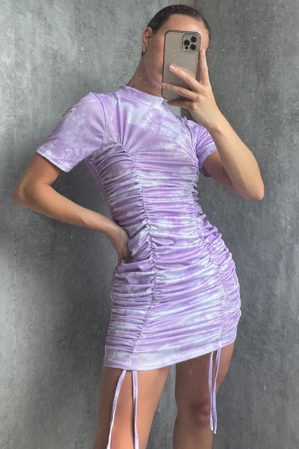 Lilac Tie Dye Ruched Dress - Lasha - Storm Desire