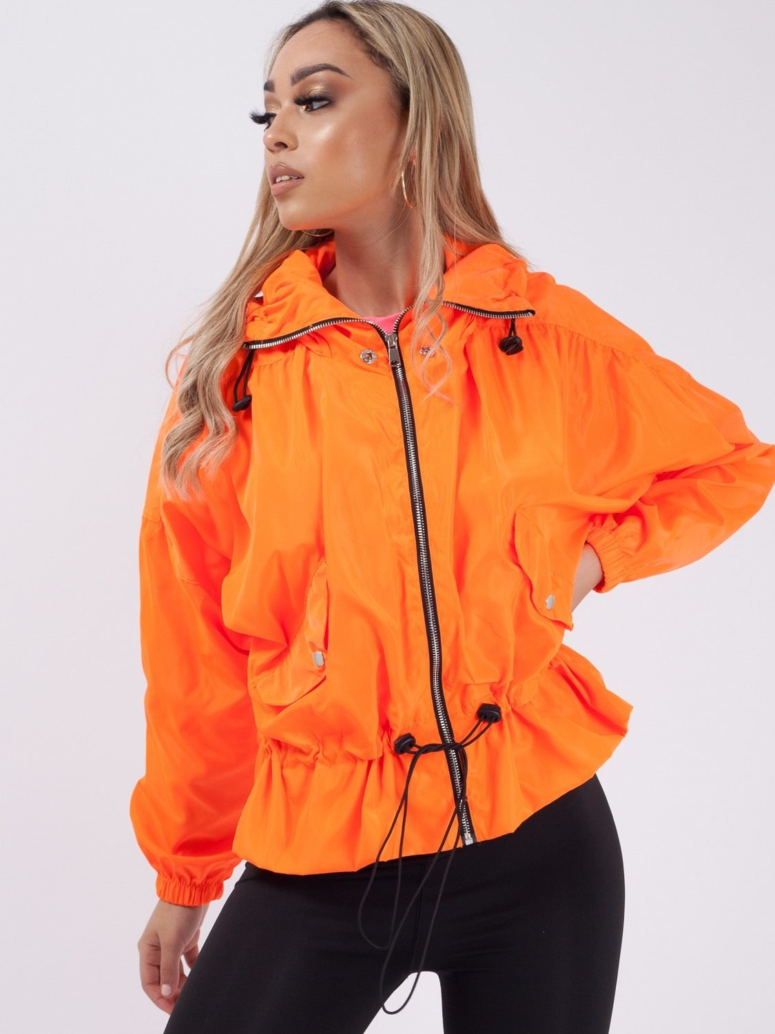 Neon Orange High Neck Hooded Festival Jacket - Parker - Storm Desire
