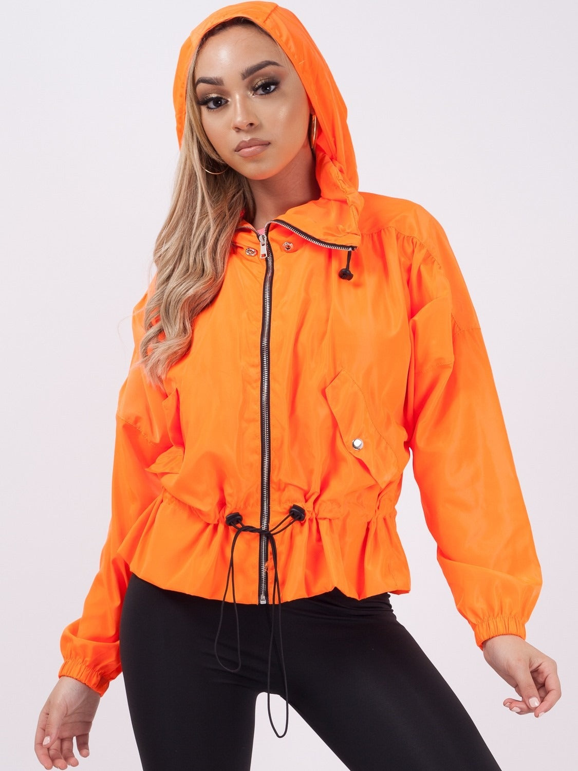 Neon Orange High Neck Hooded Festival Jacket - Parker - Storm Desire