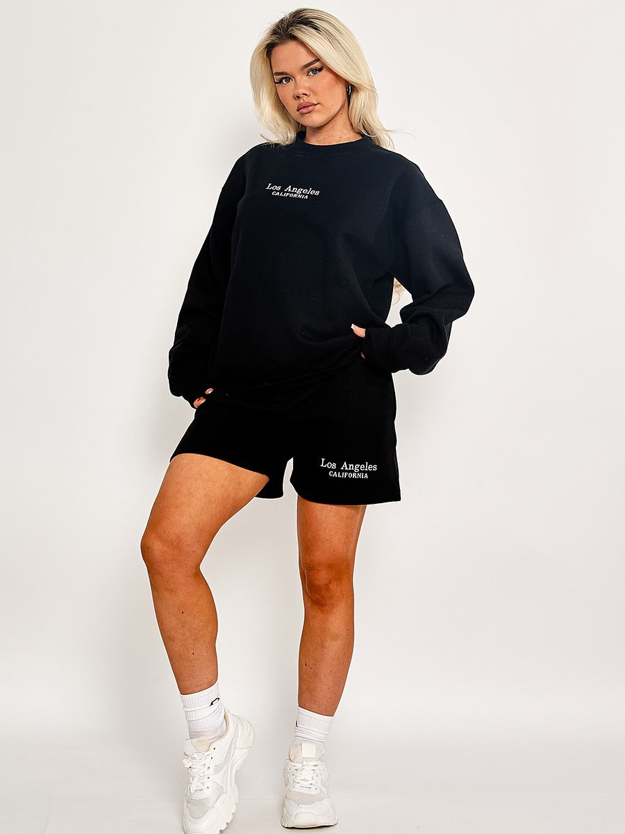 Black Embroidered Los Angeles Sweatshirt & Shorts Set - Maci - Storm Desire