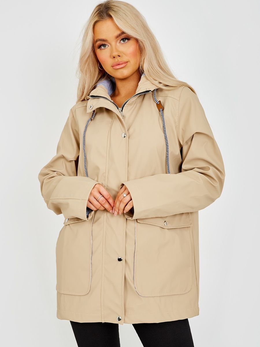 Beige Pu Hooded Rain Jacket Mac - Alayna - Storm Desire