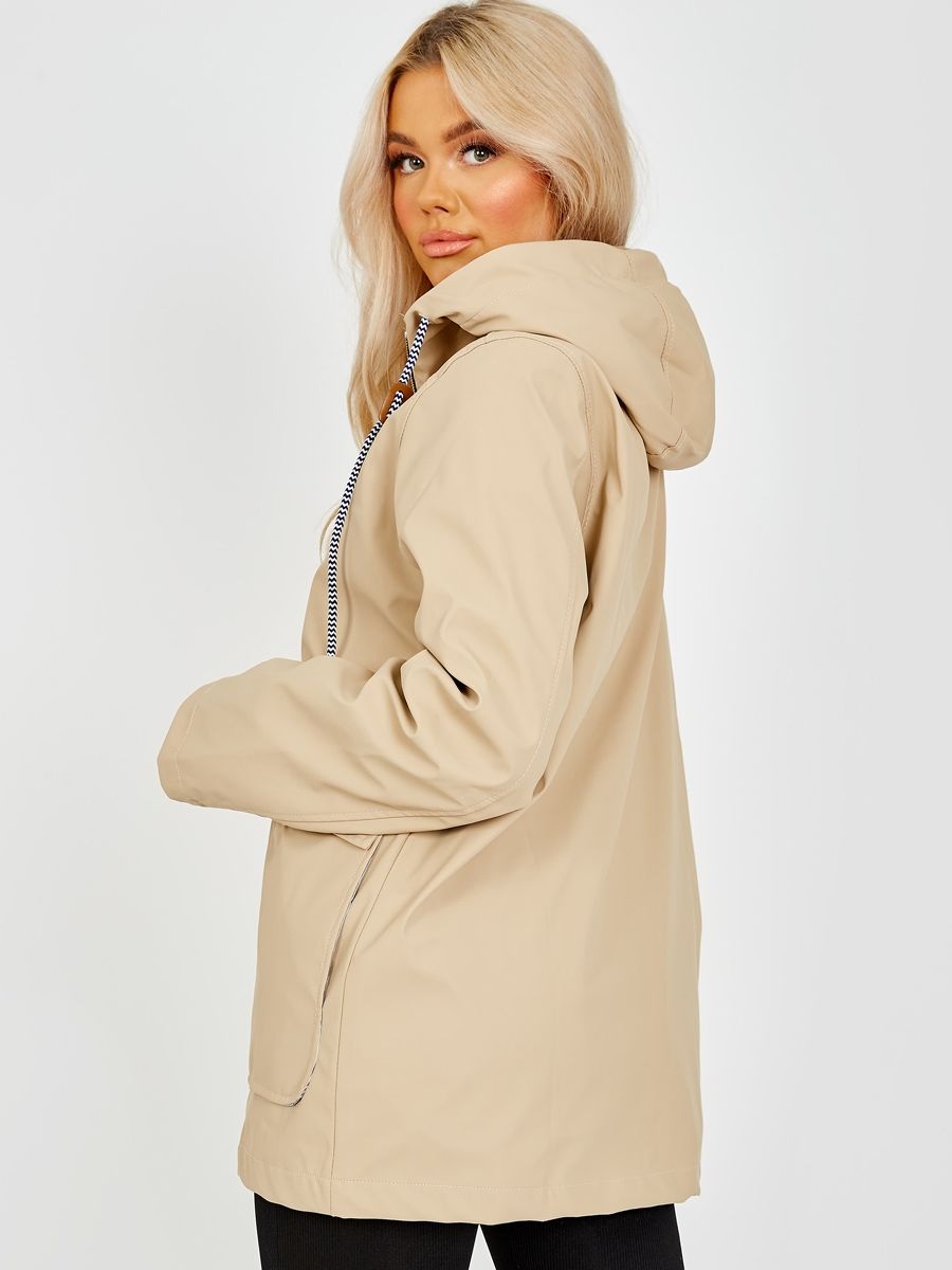 Beige Pu Hooded Rain Jacket Mac - Alayna - Storm Desire