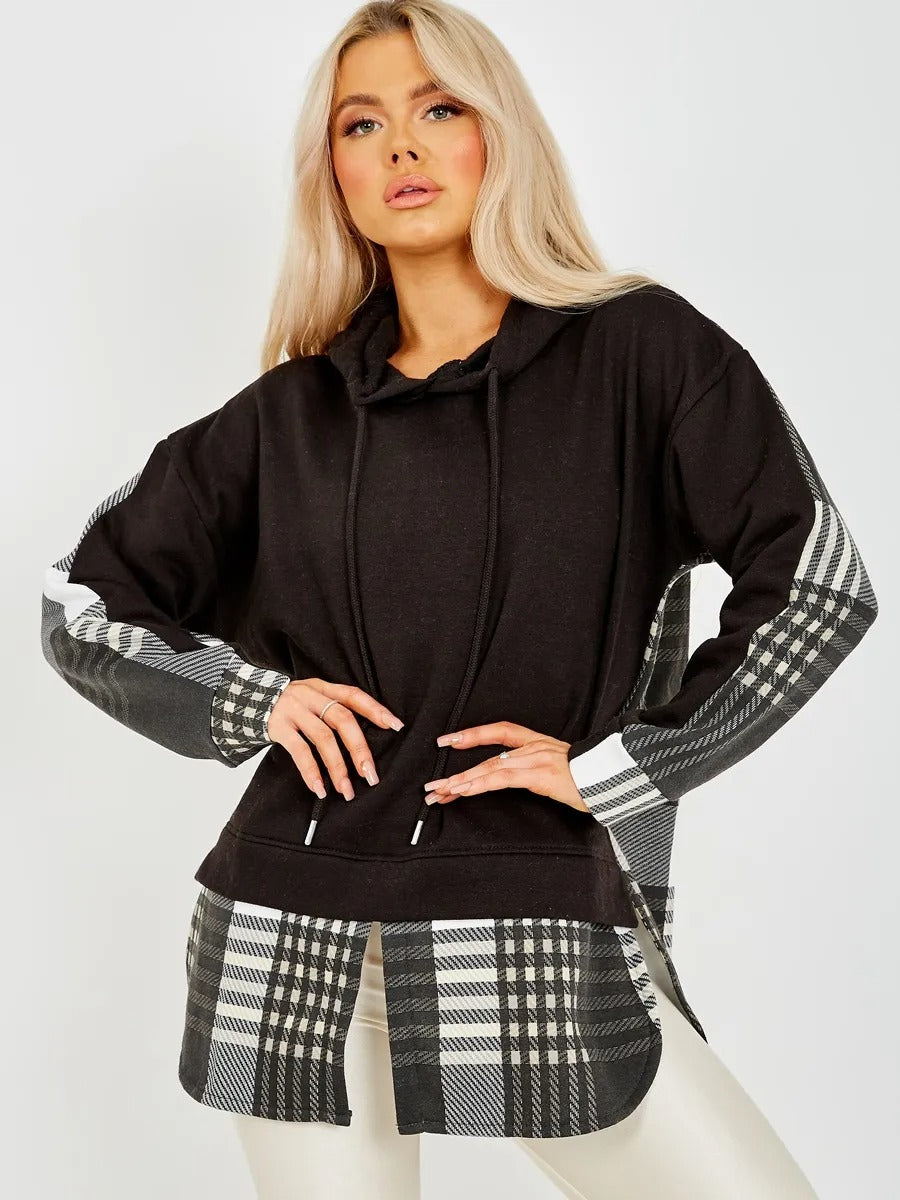Black Check Print Fleece Hoodie - Finley - Storm Desire