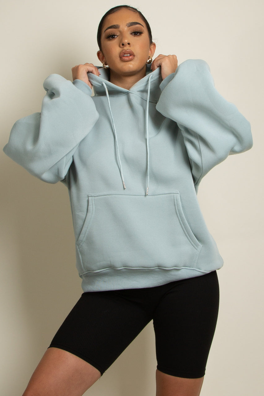 Baby Blue Ruched Sleeve Hooded Sweatshirt - Kora - Storm Desire