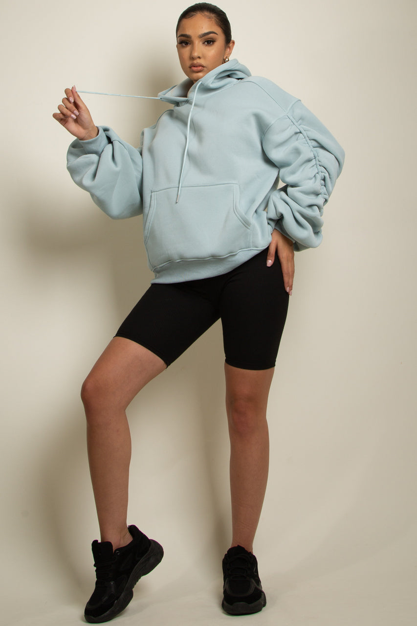 Baby Blue Ruched Sleeve Hooded Sweatshirt - Kora - Storm Desire