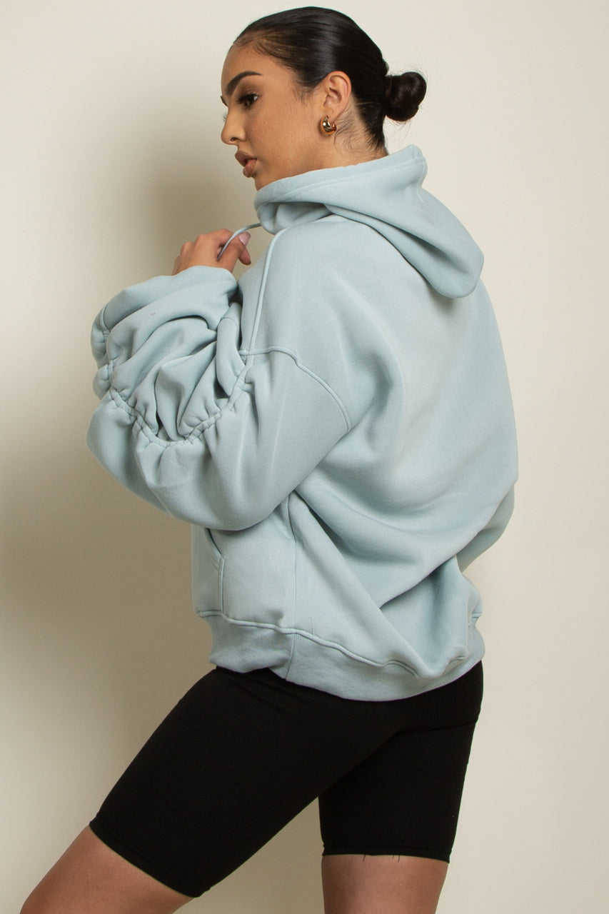 Baby Blue Ruched Sleeve Hooded Sweatshirt - Kora - Storm Desire