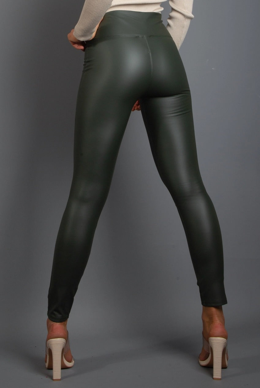 Green High Waist Black Sleek PU Matt Leggings - Livia - Storm Desire