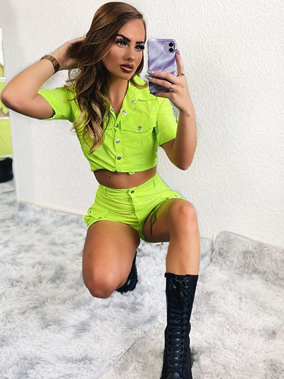 Neon Green Crop Top & Shorts Co-ord Suit - Makayla - Storm Desire