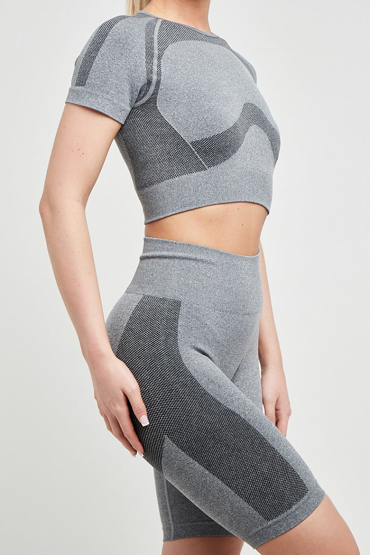 Grey Back Cut Out Cap Sleeve Crop Top & Cycling Shorts - Lainey - Storm Desire