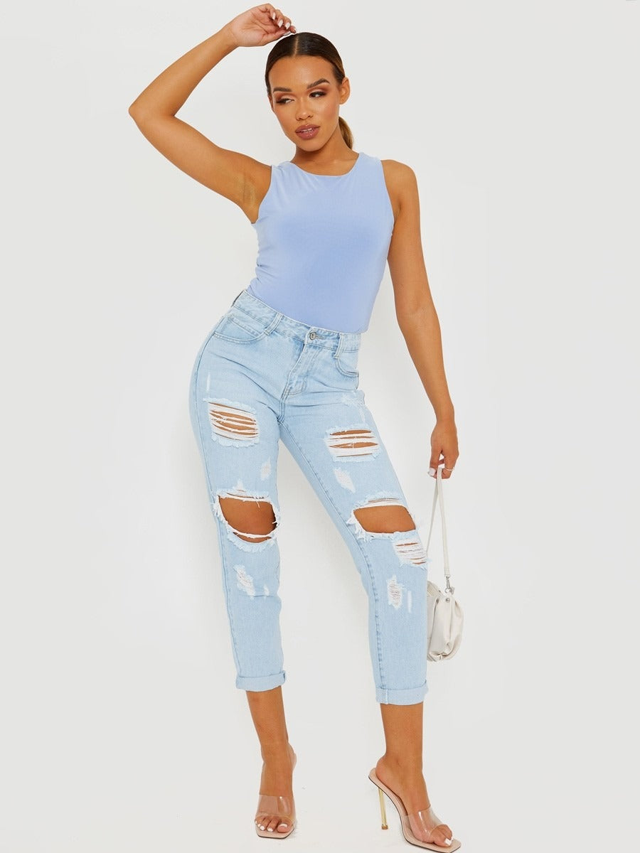 Baby Blue Slinky Racer Back Sleeveless Bodysuit - Gabriela - Storm Desire