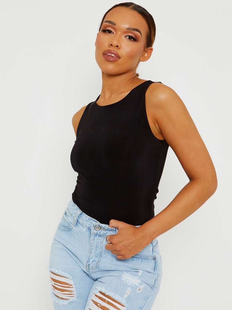 Black Slinky Racer Back Sleeveless Bodysuit - Gabriela - Storm Desire