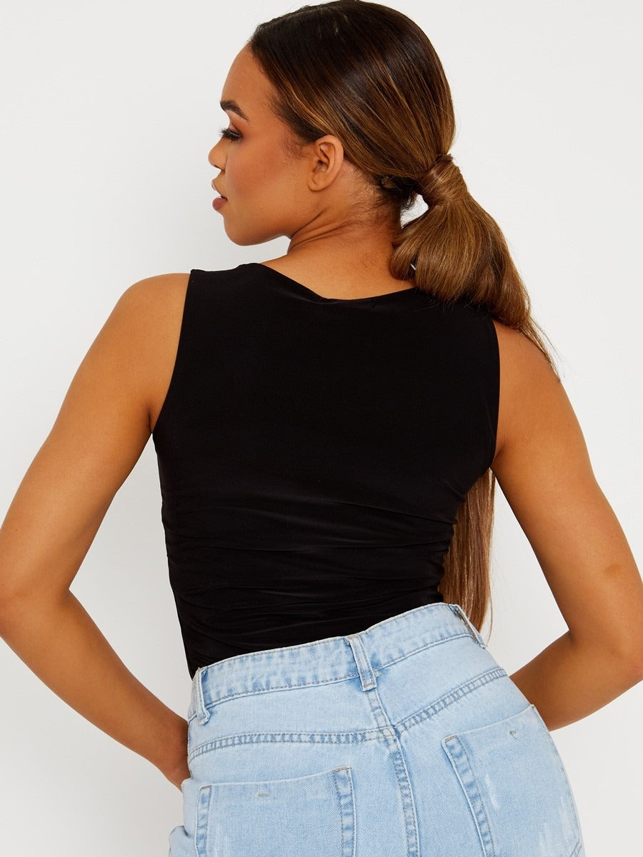 Black Slinky Racer Back Sleeveless Bodysuit - Gabriela - Storm Desire