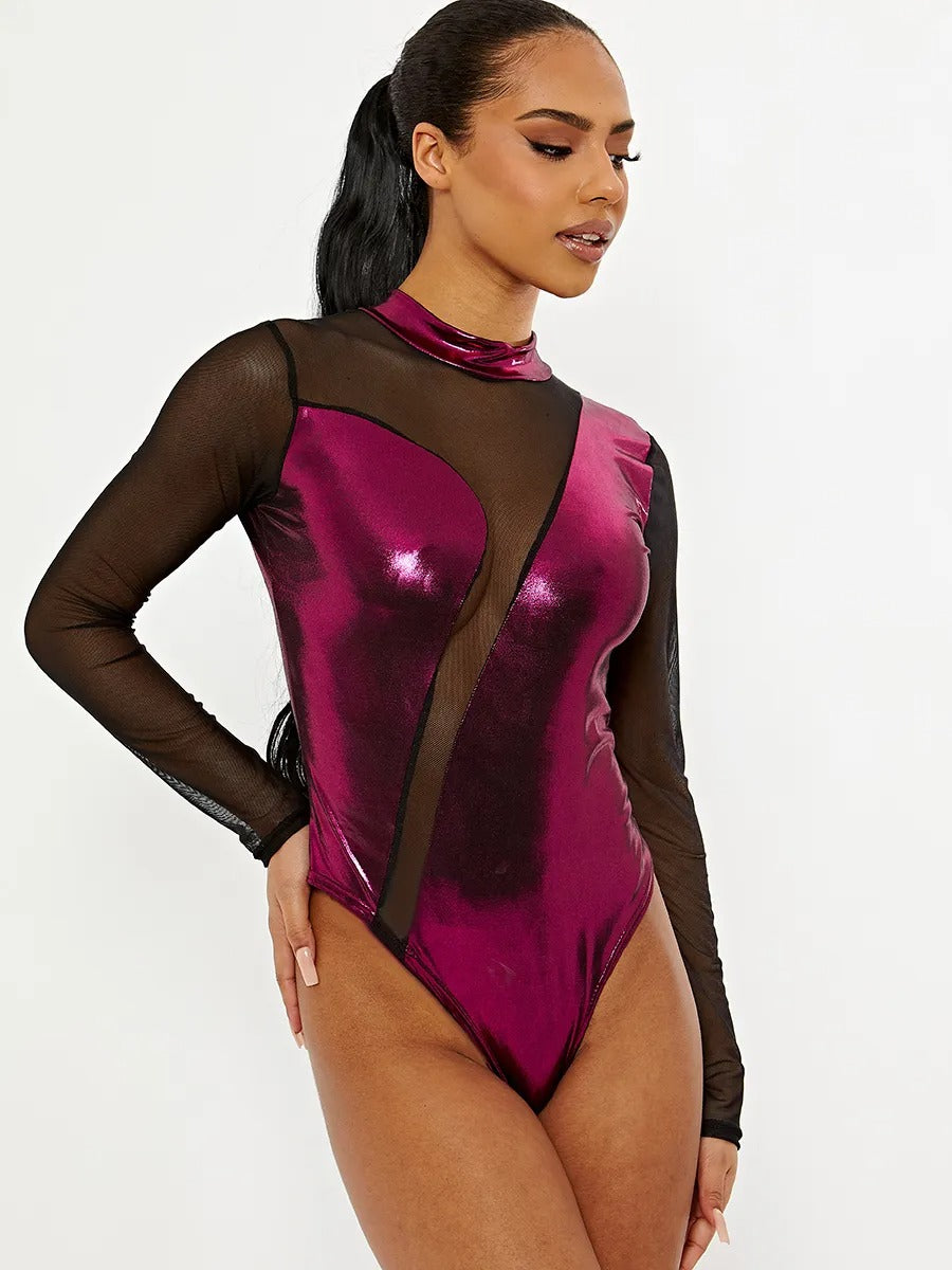 Pink Metallic Mesh Insert Bodysuit - Teagan - Storm Desire