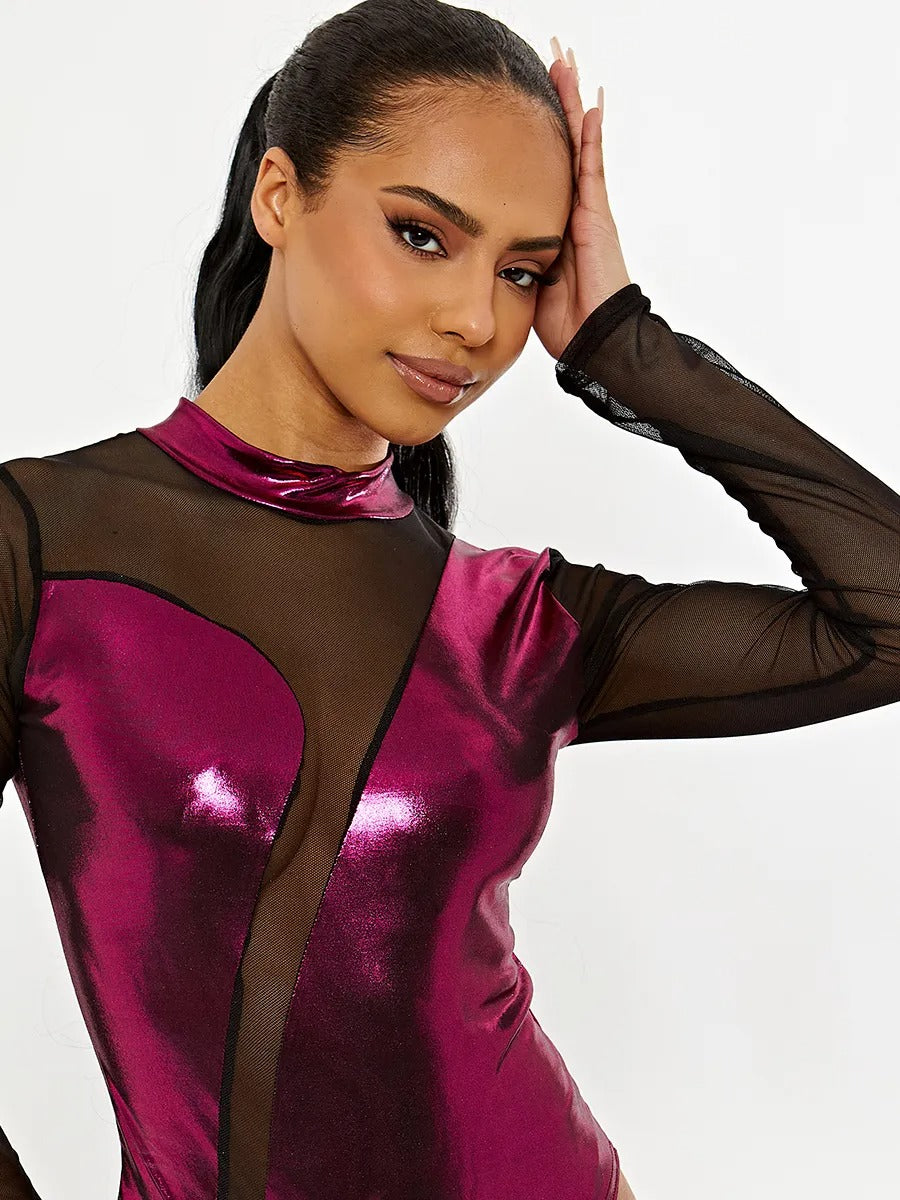 Pink Metallic Mesh Insert Bodysuit - Teagan - Storm Desire