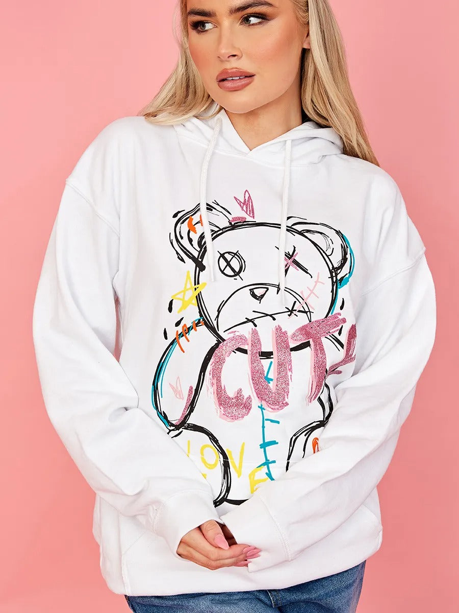 White Cute Teddy Graphic Print Hoodie - Siena - Storm Desire
