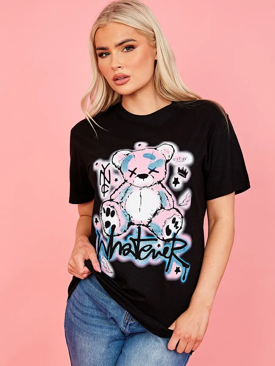 Black Whatever Teddy Graphic Glitter Detail T-Shirt - Rhea - Storm Desire