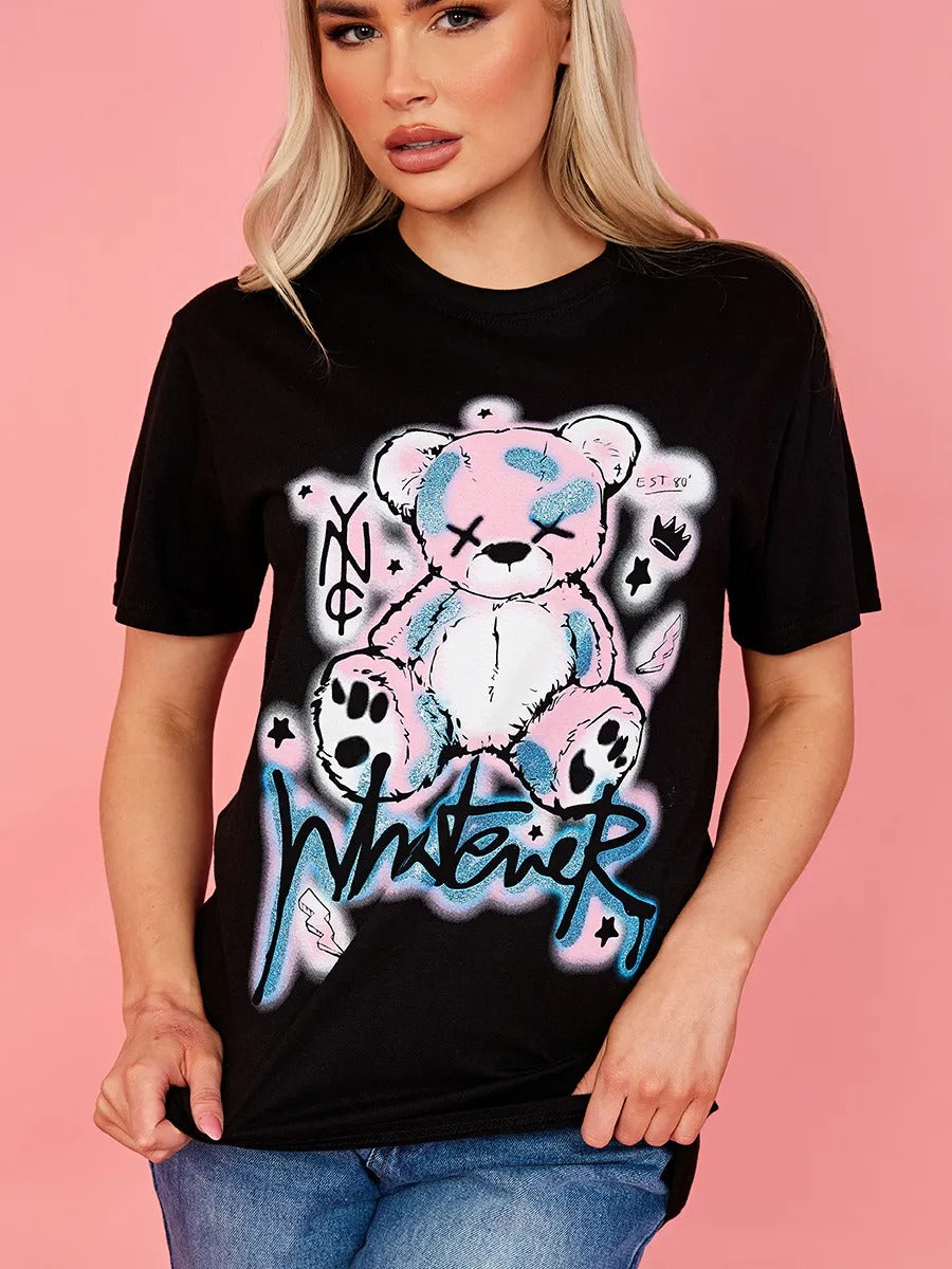 Black Whatever Teddy Graphic Glitter Detail T-Shirt - Rhea - Storm Desire