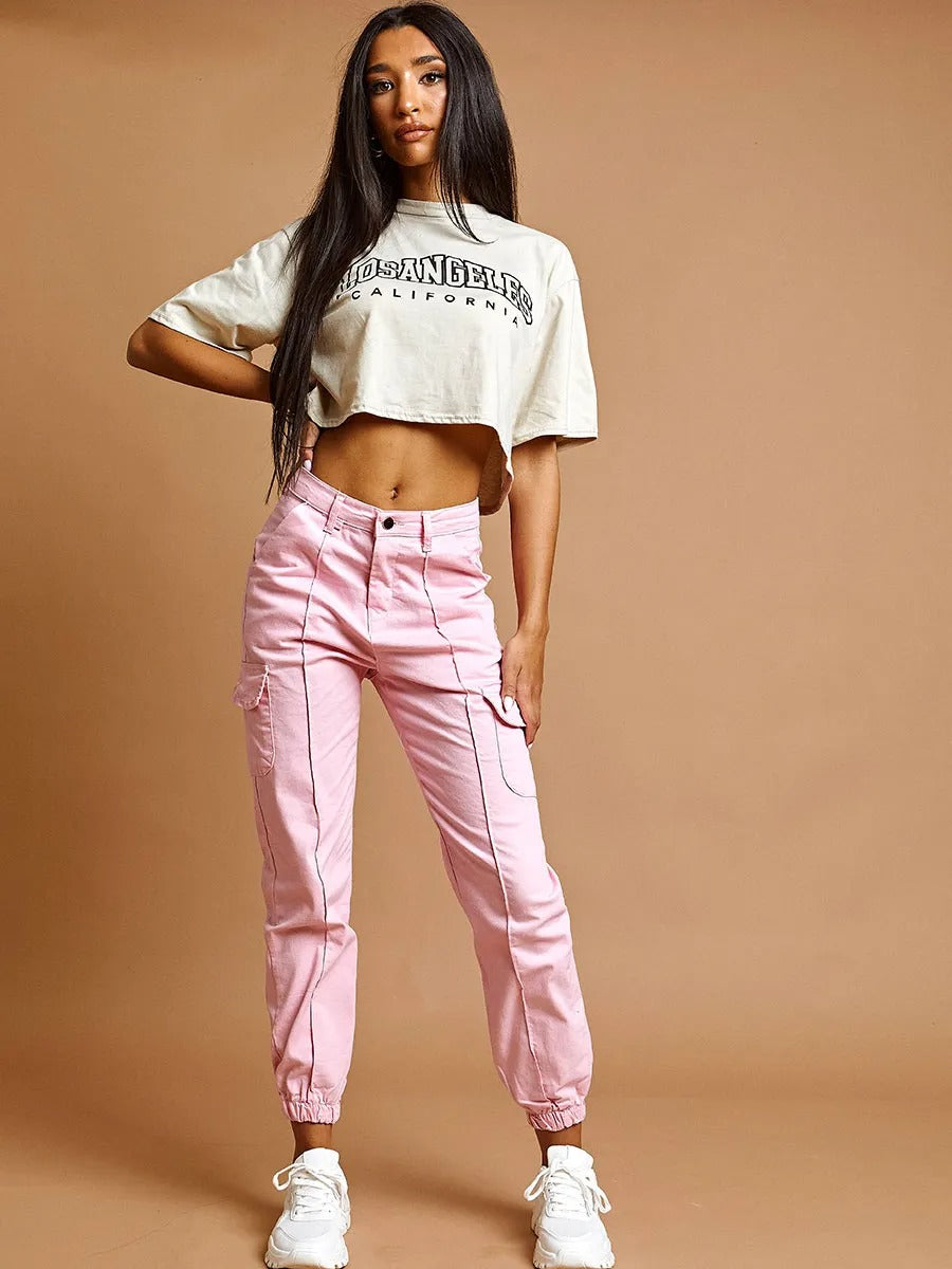 Pink Cuffed Hem Cargo Trousers - Emely - Storm Desire