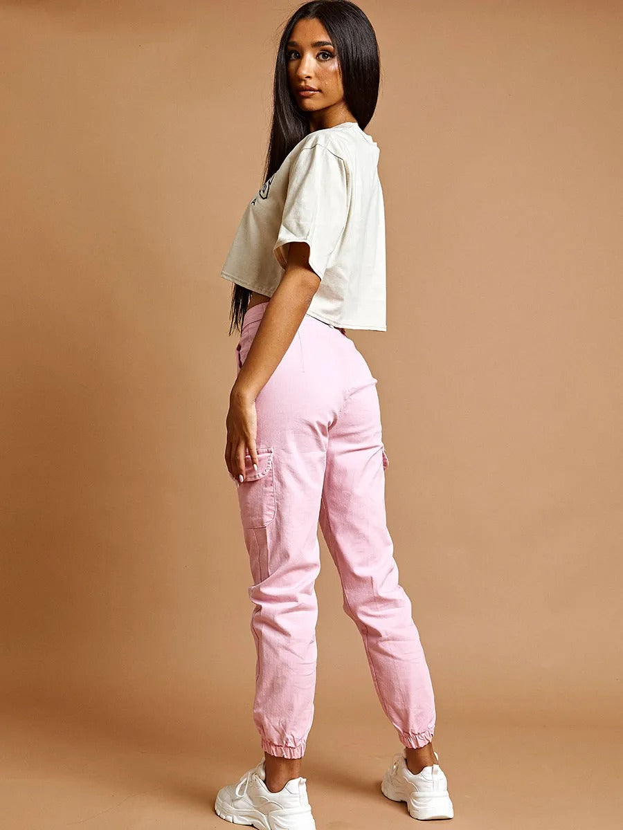 Pink Cuffed Hem Cargo Trousers - Emely - Storm Desire