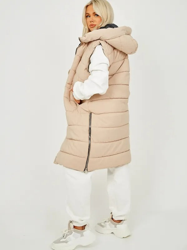 Beige Longline Padded Hooded Gilet Jayla Storm Desire