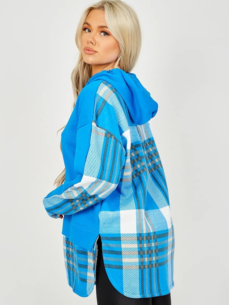 Blue Check Print Fleece Hoodie - Finley - Storm Desire