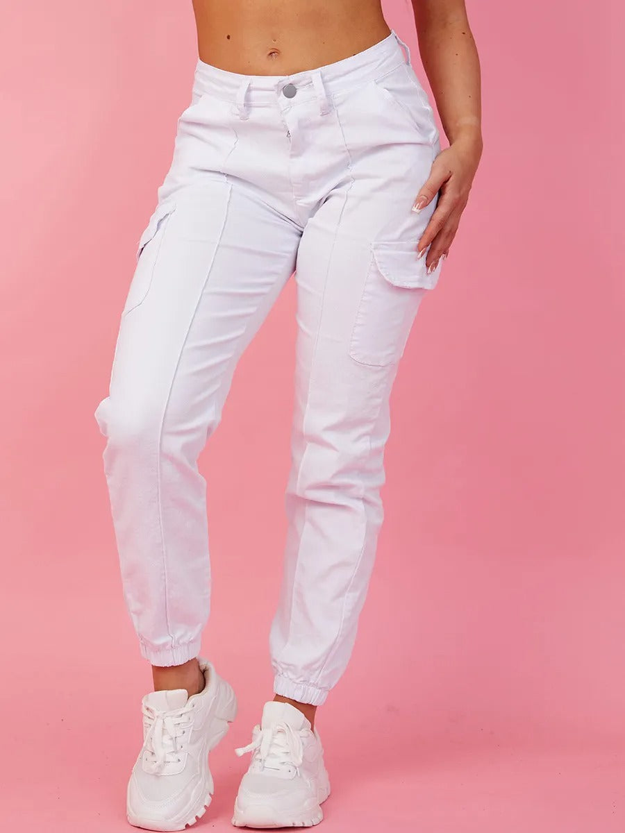 White Cuffed Hem Cargo Trousers - Emely - Storm Desire